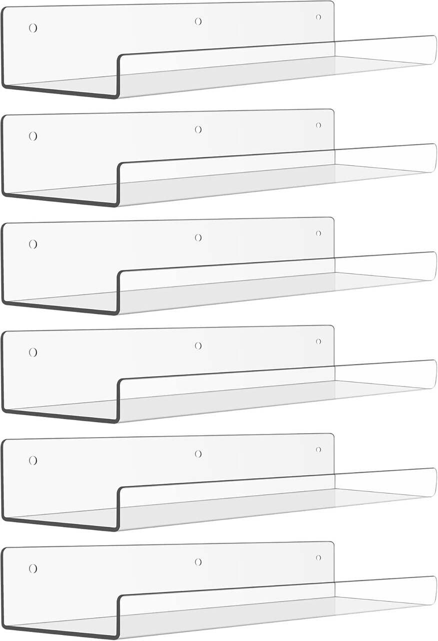 6 Pack Acrylic Shelves for Wall Storage, 15" x 4“ Floating Bookshelves for Kids, Display Shelf Organizer for Bathroom, Bedroom, Living Room, Kitchen, Room Decor, Clear
